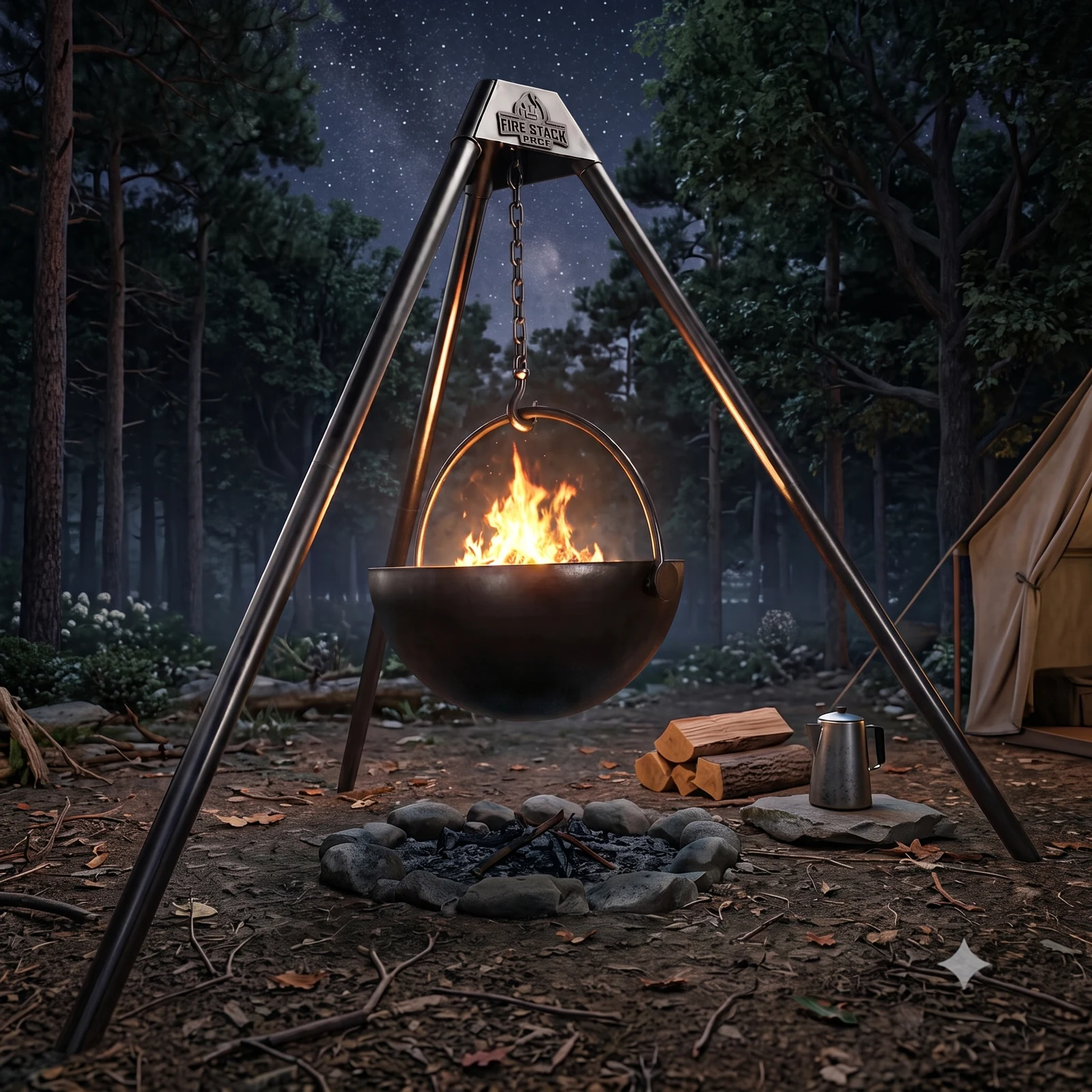 Apex Tri-Pit burning at a forest campsite under a starry sky